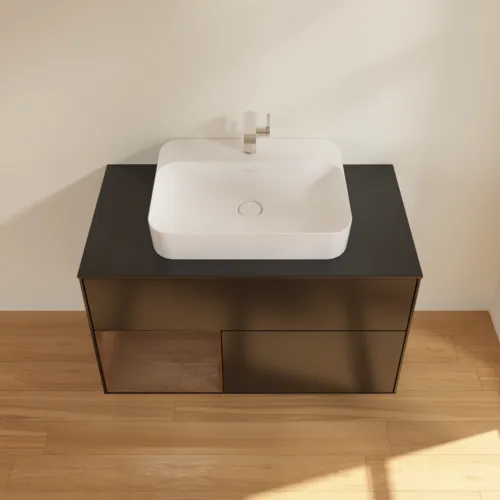 VILLEROY BOCH Toaletní skříňka Finion, s osvětlením, 2 výsuvy, 1000 x 603 x 501 mm, černý matný lak / ořechová dýha / černé matné sklo #F362GNPD, obrázek 4