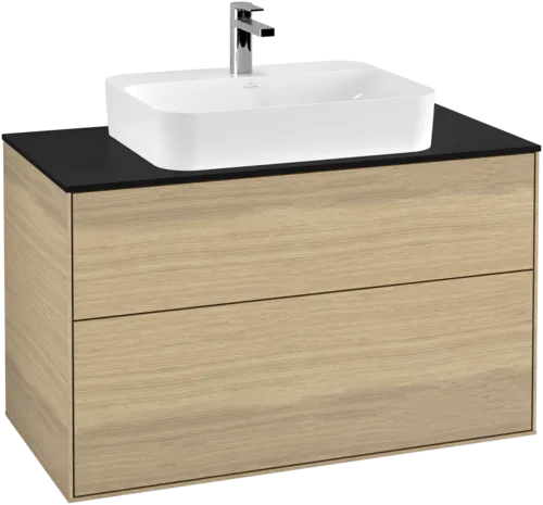 VILLEROY BOCH Toaletní stolek Finion, 2 výsuvy, 1000 x 603 x 501 mm, dubová dýha / sklo černé matné #F35200PC, obrázek 1