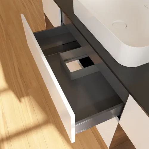 VILLEROY BOCH Toaletní skříňka Finion, s osvětlením, 4 výsuvy, 1600 x 603 x 501 mm, bílý matný lak / ořechová dýha / černé matné sklo #F332GNMT, obrázek 8