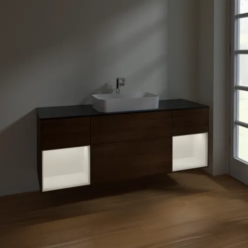 VILLEROY BOCH Toaletní skříňka Finion, s osvětlením, 4 výsuvy, 1600 x 603 x 501 mm, ořechová dýha / bílý matný lak / černé matné sklo #F332MTGN, obrázek 5