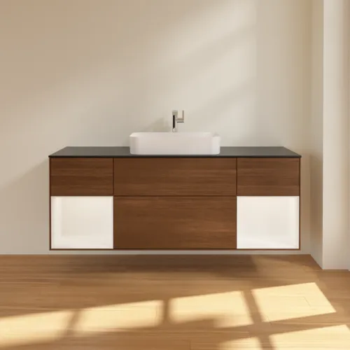 VILLEROY BOCH Toaletní skříňka Finion, s osvětlením, 4 výsuvy, 1600 x 603 x 501 mm, ořechová dýha / bílý matný lak / černé matné sklo #F332MTGN, obrázek 3