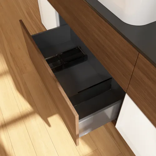 VILLEROY BOCH Toaletní skříňka Finion, s osvětlením, 4 výsuvy, 1600 x 603 x 501 mm, ořechová dýha / bílý matný lak / černé matné sklo #F332MTGN, obrázek 7