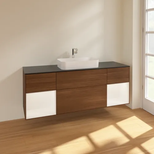 VILLEROY BOCH Toaletní skříňka Finion, s osvětlením, 4 výsuvy, 1600 x 603 x 501 mm, ořechová dýha / bílý matný lak / černé matné sklo #F332MTGN, obrázek 2