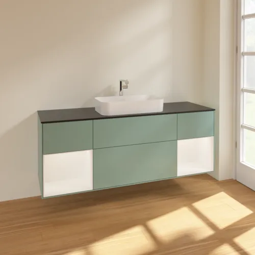 VILLEROY BOCH Toaletní skříňka Finion, s osvětlením, 4 výsuvy, 1600 x 603 x 501 mm, olivový matný lak / bílý matný lak / černé matné sklo #F332MTGM, obrázek 2