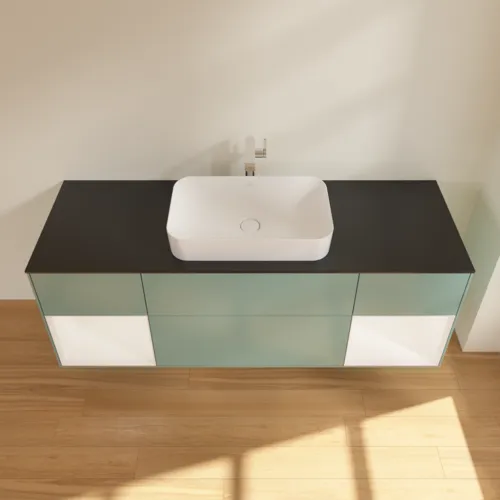 VILLEROY BOCH Toaletní skříňka Finion, s osvětlením, 4 výsuvy, 1600 x 603 x 501 mm, olivový matný lak / bílý matný lak / černé matné sklo #F332MTGM, obrázek 4