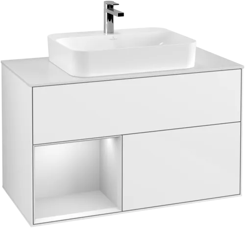 VILLEROY BOCH Umyvadlová skříňka Finion, s osvětlením, 2 výsuvy, 1000 x 603 x 501 mm, lesklý bílý lak / bílý matný lak / bílé matné sklo #F361MTGF
