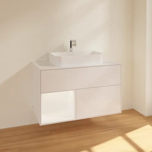 VILLEROY BOCH Umyvadlová skříňka Finion, s osvětlením, 2 výsuvy, 1000 x 603 x 501 mm, lesklý bílý lak / bílý matný lak / bílé matné sklo #F361MTGF, obrázek 2