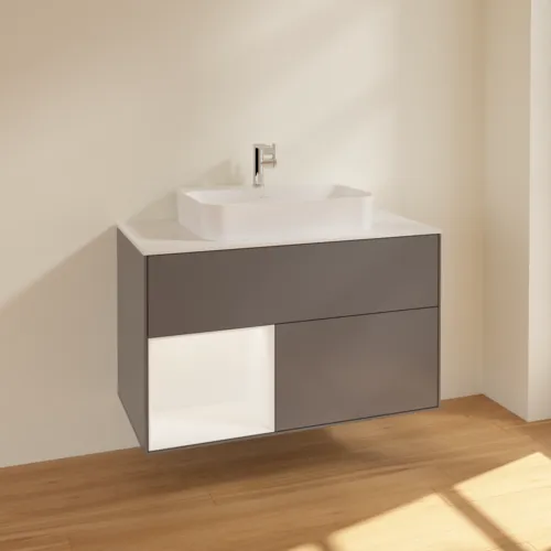 VILLEROY BOCH Toaletní skříňka Finion, s osvětlením, 2 výsuvy, 1000 x 603 x 501 mm, antracitový matný lak / bílý matný lak / bílé matné sklo #F361MTGK, obrázek 3
