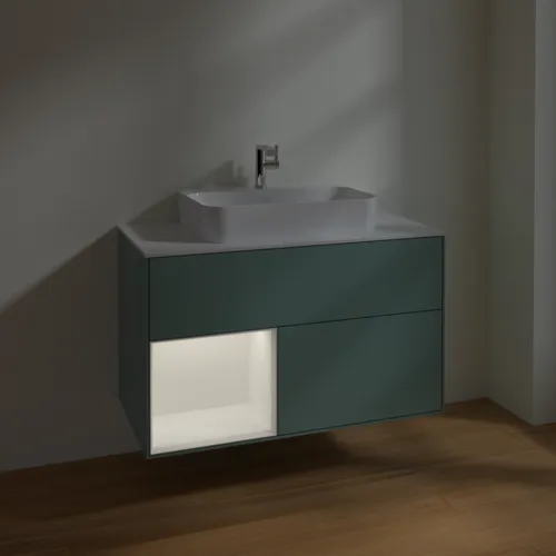 VILLEROY BOCH Toaletní skříňka Finion, s osvětlením, 2 výsuvy, 1000 x 603 x 501 mm, olivový matný lak / bílý matný lak / bílé matné sklo #F361MTGM, obrázek 5
