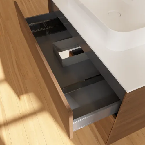 VILLEROY BOCH Umyvadlová skříňka Finion, s osvětlením, 2 výsuvy, 1000 x 603 x 501 mm, ořechová dýha / bílý matný lak / bílé matné sklo #F361MTGN, obrázek 8