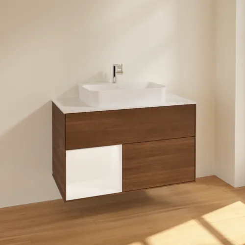 VILLEROY BOCH Umyvadlová skříňka Finion, s osvětlením, 2 výsuvy, 1000 x 603 x 501 mm, ořechová dýha / bílý matný lak / bílé matné sklo #F361MTGN, obrázek 2