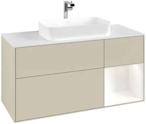 VILLEROY BOCH Toaletní skříňka Finion, s osvětlením, 3 výsuvy, 1200 x 603 x 501 mm, Silk Grey Matt Lacquer / White Matt Lacquer / Glass White Matt #F301MTHJ