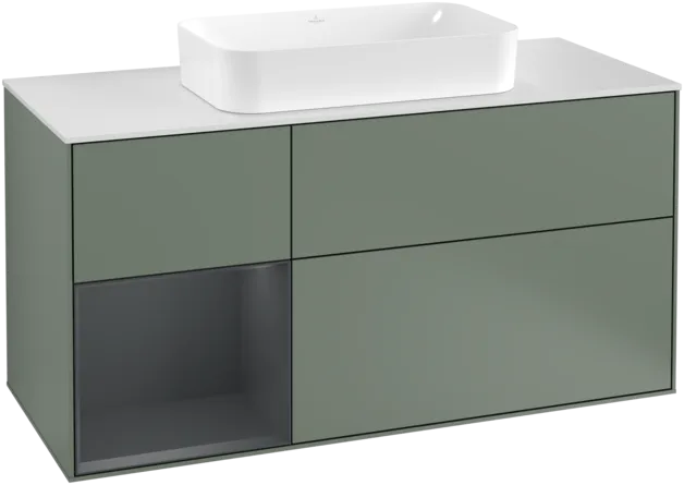 VILLEROY BOCH Toaletní skříňka Finion, s osvětlením, 3 výsuvy, 1200 x 603 x 501 mm, olivový matný lak / půlnoční modrý matný lak / bílé matné sklo #F291HGGM