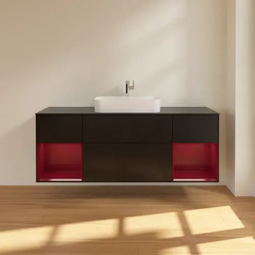 VILLEROY BOCH Toaletní skříňka Finion, s osvětlením, 4 výsuvy, 1600 x 603 x 501 mm, černý matný lak / pivoňkový matný lak / černé matné sklo #F332HBPD, obrázek 3