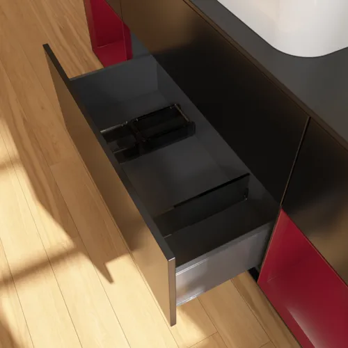 VILLEROY BOCH Toaletní skříňka Finion, s osvětlením, 4 výsuvy, 1600 x 603 x 501 mm, černý matný lak / pivoňkový matný lak / černé matné sklo #F332HBPD, obrázek 7