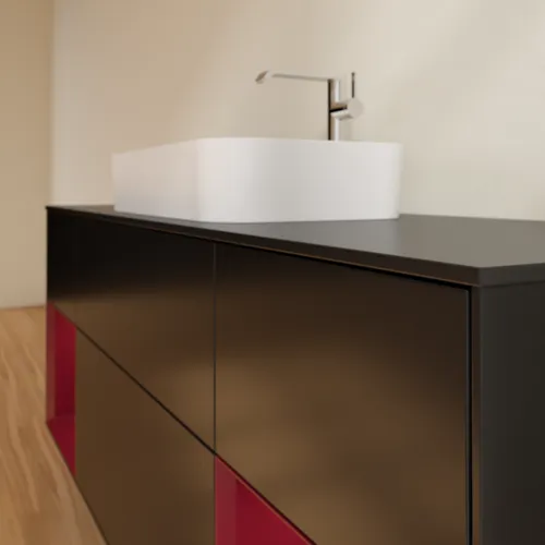 VILLEROY BOCH Toaletní skříňka Finion, s osvětlením, 4 výsuvy, 1600 x 603 x 501 mm, černý matný lak / pivoňkový matný lak / černé matné sklo #F332HBPD, obrázek 6