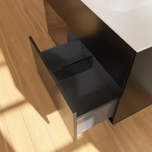 VILLEROY BOCH Toaletní skříňka Finion, s osvětlením, 2 výsuvy, 1000 x 603 x 501 mm, černý matný lak / ořechová dýha / sklo bílé matné #F361GNPD, obrázek 7
