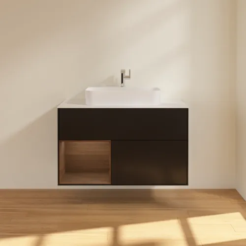 VILLEROY BOCH Toaletní skříňka Finion, s osvětlením, 2 výsuvy, 1000 x 603 x 501 mm, černý matný lak / ořechová dýha / sklo bílé matné #F361GNPD, obrázek 3