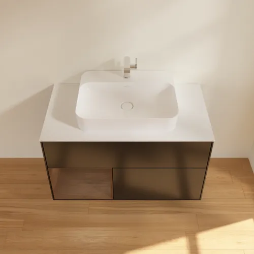 VILLEROY BOCH Toaletní skříňka Finion, s osvětlením, 2 výsuvy, 1000 x 603 x 501 mm, černý matný lak / ořechová dýha / sklo bílé matné #F361GNPD, obrázek 4