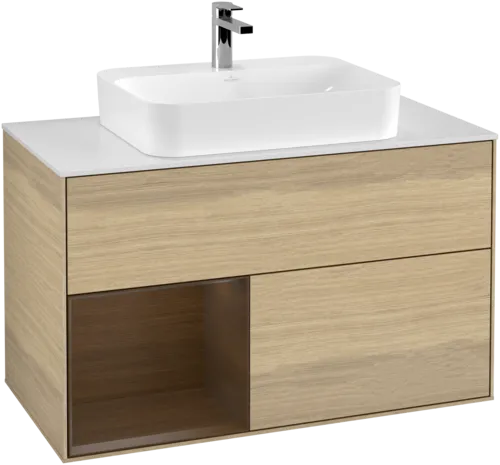 VILLEROY BOCH Umyvadlová skříňka Finion, s osvětlením, 2 výsuvy, 1000 x 603 x 501 mm, dubová dýha / ořechová dýha / sklo bílé matné #F361GNPC, obrázek 1