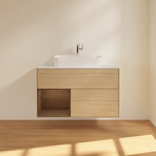 VILLEROY BOCH Umyvadlová skříňka Finion, s osvětlením, 2 výsuvy, 1000 x 603 x 501 mm, dubová dýha / ořechová dýha / sklo bílé matné #F361GNPC, obrázek 3