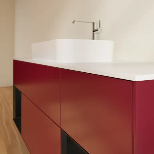 VILLEROY BOCH Toaletní skříňka Finion, s osvětlením, 4 výsuvy, 1600 x 603 x 501 mm, Pivoňka matný lak / Černý matný lak / Sklo bílé matné #F331PDHB, obrázek 6