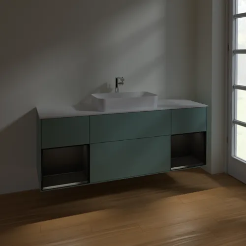 VILLEROY BOCH Toaletní skříňka Finion, s osvětlením, 4 výsuvy, 1600 x 603 x 501 mm, olivový matný lak / černý matný lak / bílé matné sklo #F331PDGM, obrázek 5