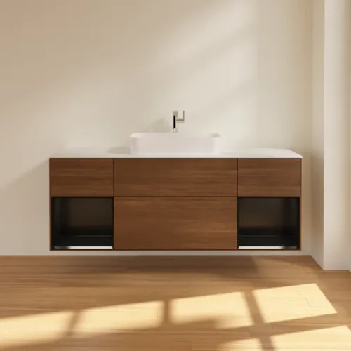 VILLEROY BOCH Toaletní skříňka Finion, s osvětlením, 4 výsuvy, 1600 x 603 x 501 mm, ořechová dýha / černý matný lak / sklo bílé matné #F331PDGN, obrázek 3