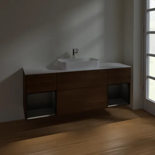 VILLEROY BOCH Toaletní skříňka Finion, s osvětlením, 4 výsuvy, 1600 x 603 x 501 mm, ořechová dýha / černý matný lak / sklo bílé matné #F331PDGN, obrázek 5