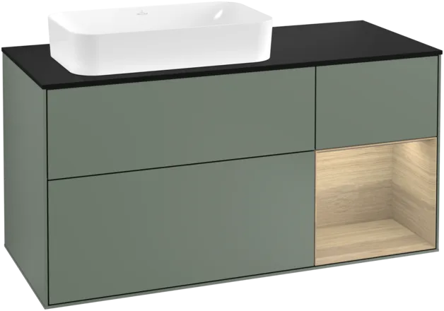 VILLEROY BOCH Toaletní skříňka Finion, s osvětlením, 3 výsuvy, 1200 x 603 x 501 mm, olivový matný lak / dubová dýha / sklo černé matné #F282PCGM