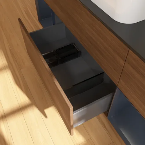 VILLEROY BOCH Toaletní skříňka Finion, s osvětlením, 4 výsuvy, 1600 x 603 x 501 mm, ořechová dýha / půlnočně modrý matný lak / černé matné sklo #F332HGGN, obrázek 7