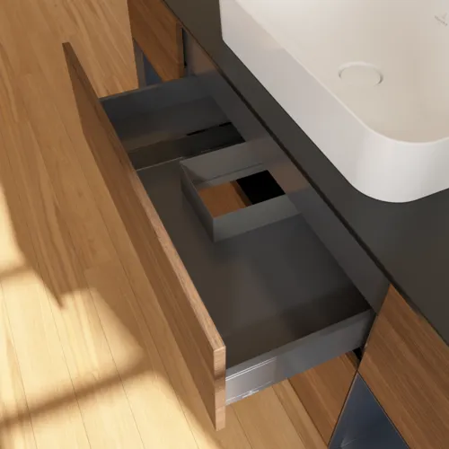 VILLEROY BOCH Toaletní skříňka Finion, s osvětlením, 4 výsuvy, 1600 x 603 x 501 mm, ořechová dýha / půlnočně modrý matný lak / černé matné sklo #F332HGGN, obrázek 8