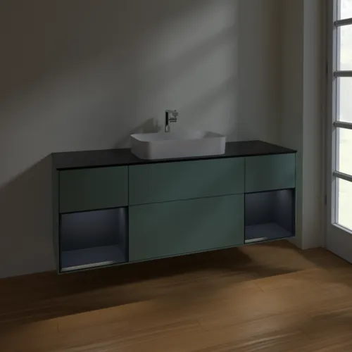 VILLEROY BOCH Toaletní skříňka Finion, s osvětlením, 4 výsuvy, 1600 x 603 x 501 mm, olivový matný lak / půlnoční modrý matný lak / černé matné sklo #F332HGGM, obrázek 5