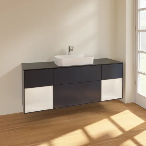 VILLEROY BOCH Toaletní skříňka Finion, s osvětlením, 4 výsuvy, 1600 x 603 x 501 mm, Midnight Blue Matt Lacquer / Glossy White Lacquer / Glass Black Matt #F332GFHG, obrázek 2