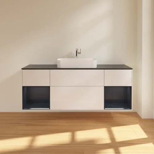 VILLEROY BOCH Toaletní skříňka Finion, s osvětlením, 4 výsuvy, 1600 x 603 x 501 mm, lesklý bílý lak / půlnoční modrý matný lak / černé matné sklo #F332HGGF, obrázek 3