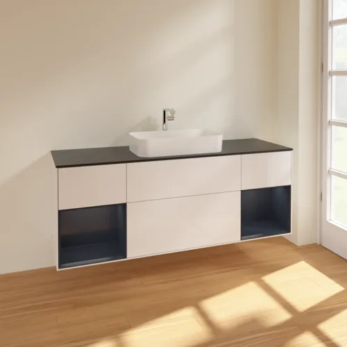 VILLEROY BOCH Toaletní skříňka Finion, s osvětlením, 4 výsuvy, 1600 x 603 x 501 mm, lesklý bílý lak / půlnoční modrý matný lak / černé matné sklo #F332HGGF, obrázek 2