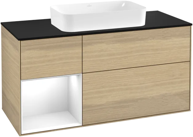 VILLEROY BOCH Toaletní skříňka Finion, s osvětlením, 3 výsuvy, 1200 x 603 x 501 mm, dubová dýha / lesklý bílý lak / černé matné sklo #F292GFPC