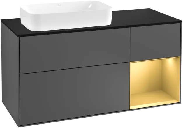 VILLEROY BOCH Toaletní skříňka Finion, s osvětlením, 3 výsuvy, 1200 x 603 x 501 mm, antracit matný lak / zlatý matný lak / černé matné sklo #F282HFGK