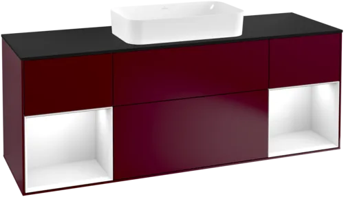VILLEROY BOCH Toaletní skříňka Finion, s osvětlením, 4 výsuvy, 1600 x 603 x 501 mm, matný lak Peony / lesklý bílý lak / černé matné sklo #F332GFHB