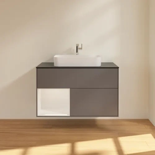 VILLEROY BOCH Toaletní skříňka Finion, s osvětlením, 2 výsuvy, 1000 x 603 x 501 mm, antracit matný lak / lesklý bílý lak / sklo černé matné #F362GFGK, obrázek 3
