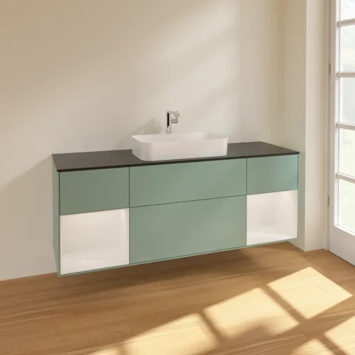 VILLEROY BOCH Toaletní skříňka Finion, s osvětlením, 4 výsuvy, 1600 x 603 x 501 mm, olivový matný lak / lesklý bílý lak / sklo černé matné #F332GFGM, obrázek 2