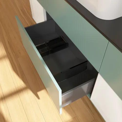 VILLEROY BOCH Toaletní skříňka Finion, s osvětlením, 4 výsuvy, 1600 x 603 x 501 mm, olivový matný lak / lesklý bílý lak / sklo černé matné #F332GFGM, obrázek 7