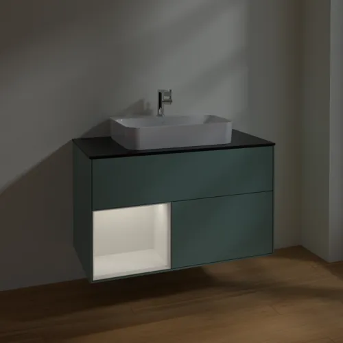 VILLEROY BOCH Toaletní skříňka Finion, s osvětlením, 2 výsuvy, 1000 x 603 x 501 mm, olivový matný lak / lesklý bílý lak / sklo černé matné #F362GFGM, obrázek 5