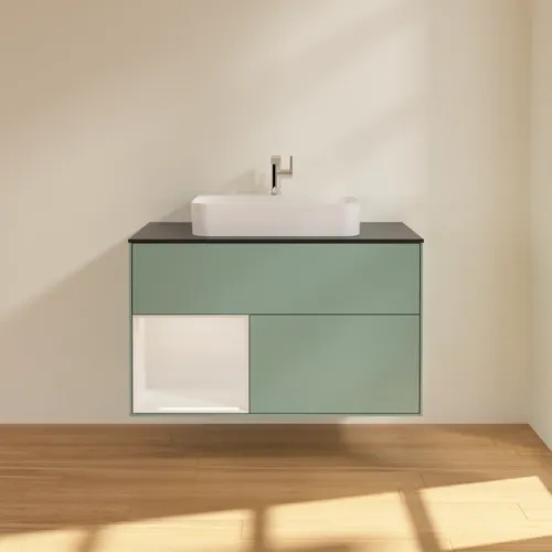 VILLEROY BOCH Toaletní skříňka Finion, s osvětlením, 2 výsuvy, 1000 x 603 x 501 mm, olivový matný lak / lesklý bílý lak / sklo černé matné #F362GFGM, obrázek 3