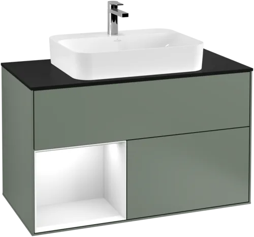 VILLEROY BOCH Toaletní skříňka Finion, s osvětlením, 2 výsuvy, 1000 x 603 x 501 mm, olivový matný lak / lesklý bílý lak / sklo černé matné #F362GFGM, obrázek 1