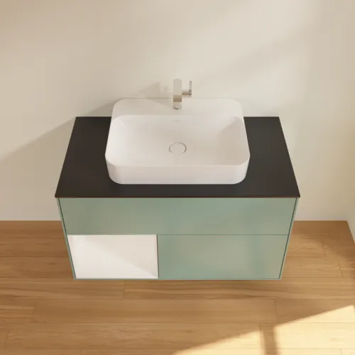 VILLEROY BOCH Toaletní skříňka Finion, s osvětlením, 2 výsuvy, 1000 x 603 x 501 mm, olivový matný lak / lesklý bílý lak / sklo černé matné #F362GFGM, obrázek 4