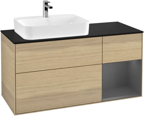VILLEROY BOCH Toaletní skříňka Finion, s osvětlením, 3 výsuvy, 1200 x 603 x 501 mm, dubová dýha / antracitový matný lak / černé matné sklo #F402GKPC, obrázek 1