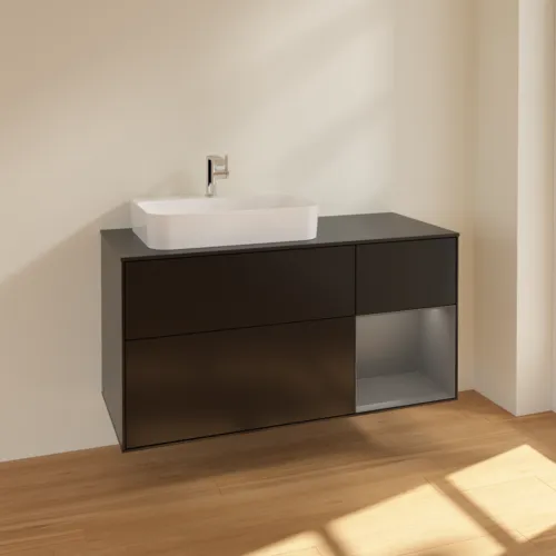 VILLEROY BOCH Toaletní skříňka Finion, s osvětlením, 3 výsuvy, 1200 x 603 x 501 mm, černý matný lak / antracitový matný lak / černé matné sklo #F402GKPD, obrázek 2