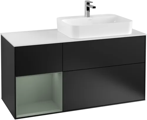 VILLEROY BOCH Toaletní skříňka Finion, s osvětlením, 3 výsuvy, 1200 x 603 x 501 mm, černý matný lak / olivový matný lak / bílé matné sklo #F391GMPD