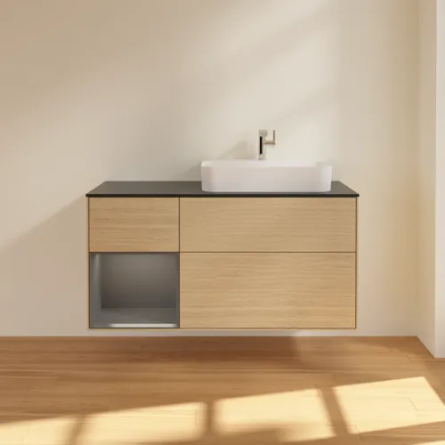 VILLEROY BOCH Toaletní skříňka Finion, s osvětlením, 3 výsuvy, 1200 x 603 x 501 mm, dubová dýha / antracitový matný lak / černé matné sklo #F392GKPC, obrázek 3